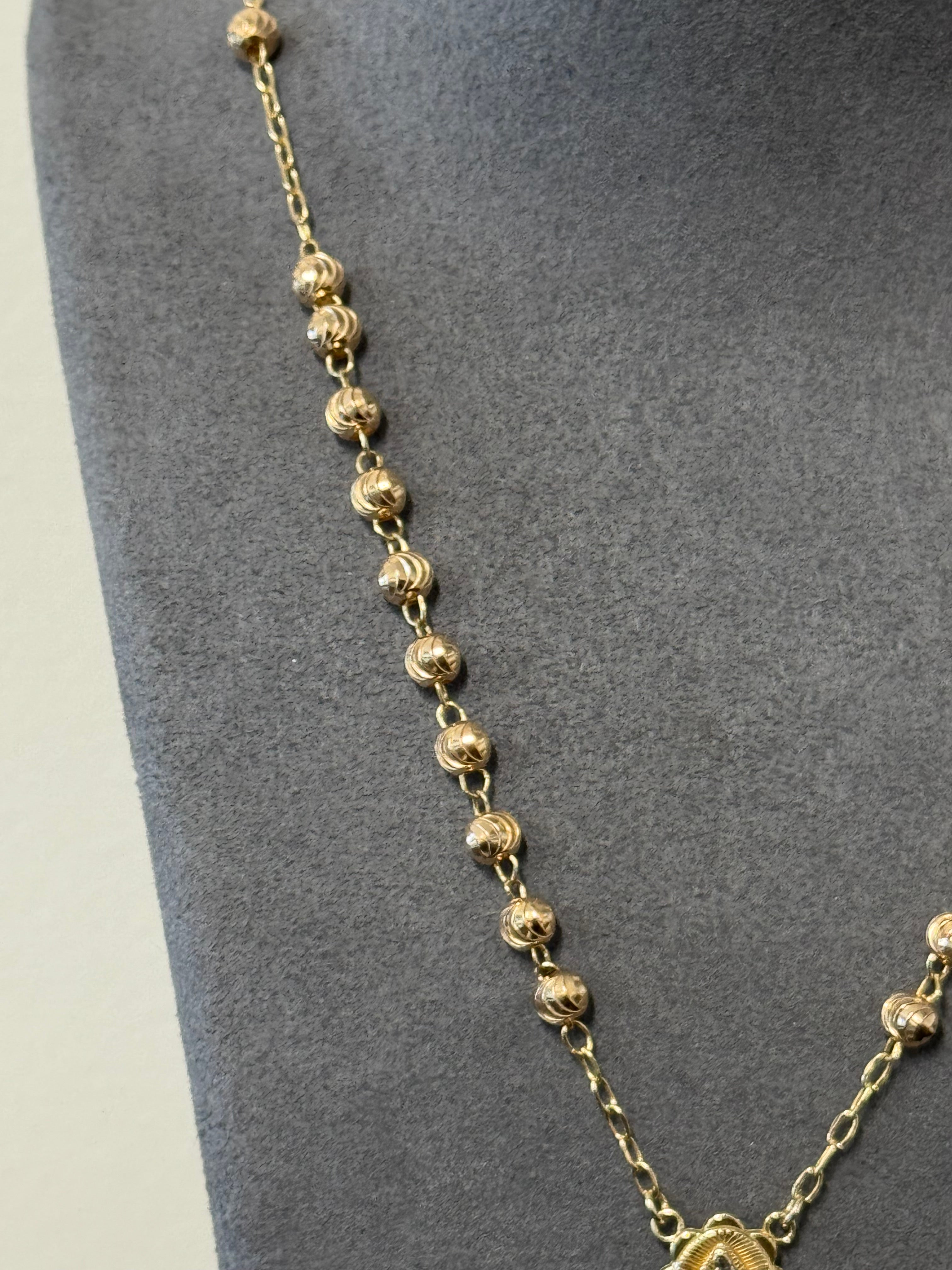 14K Gold Two Tone Rosary Moon Cut Bead Chain Necklace 29 in